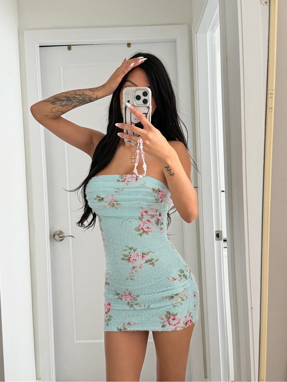 BLUE FLORAL BEADED MINI DRESS